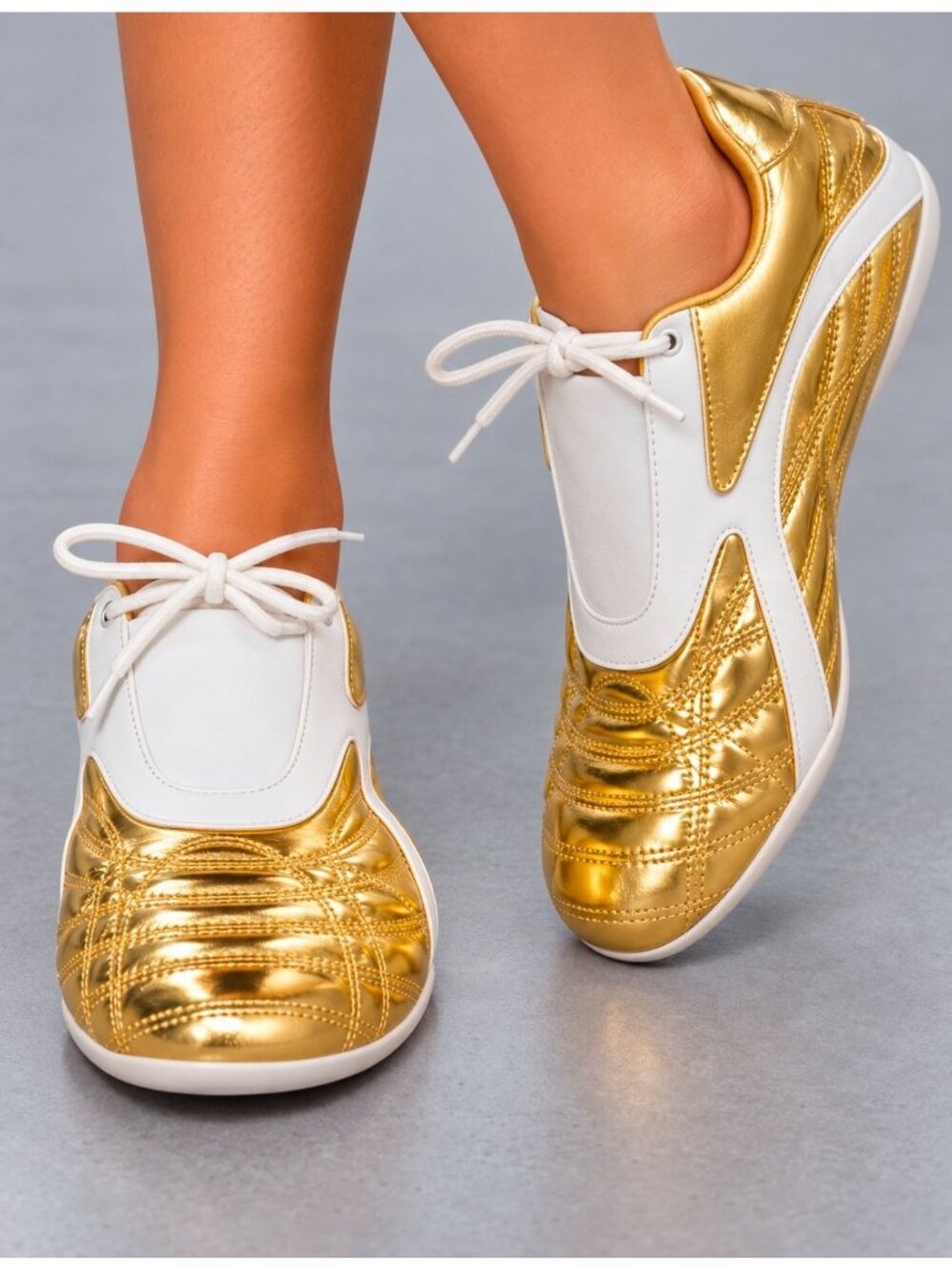 Gold & White Metallic Sneakers With Quilted Design Lace-Up Closure & Rubber Sole